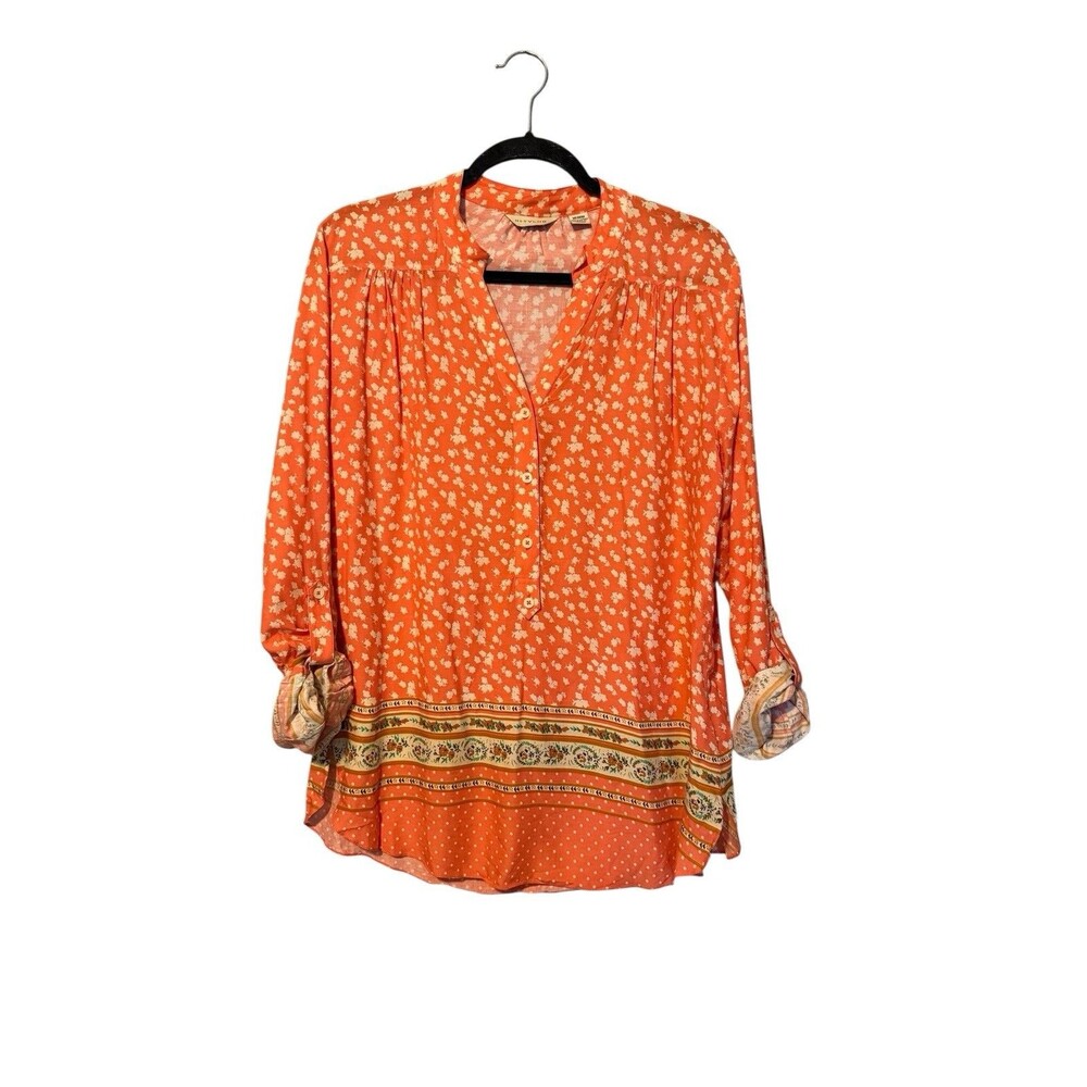 Tylho Anthropologie Blouse Size M Orange Beige Roll Tab V Neck